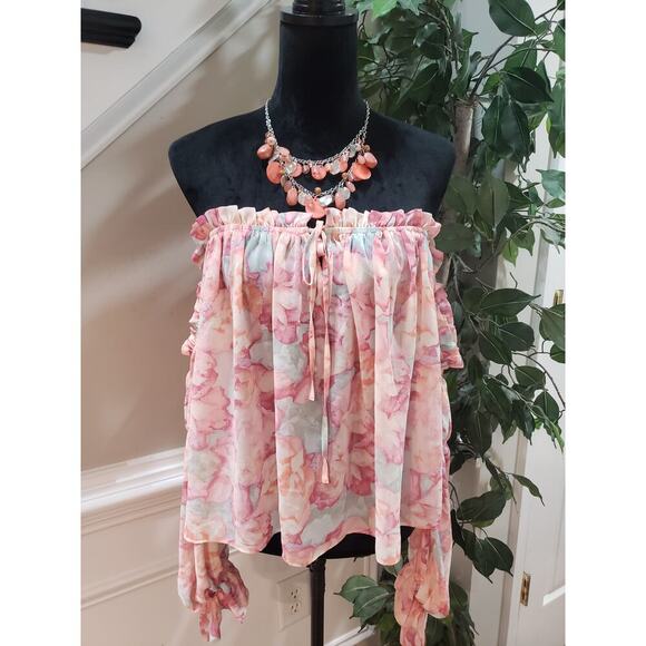 FOREVER 21 Contemporary Blouse Top Womens Pink Floral Large Strapless Drawstring - Picture 1 of 9